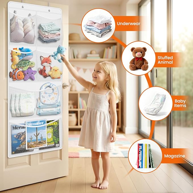 Stuffed Animal Storage - Large Over the Door Organizer with 6 Expandable Mesh Pockets & Metal Hooks, Non-Woven Fabric Hanging Plush Items Holder for Nursery, Bedroom, Playroom (White)