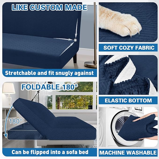 ZNSAYOTX Stretch Fit Futon Cover (67"-82") Armless Futon Sofa Bed Slipcover with Elastic Band, Universal Foldable Sofa Mattress Protector Full Queen Size, Washable Comfort Jacquard (Navy Blue)