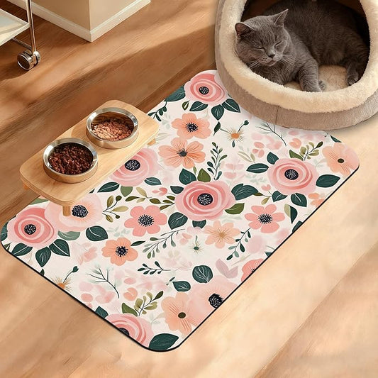 Dog Bowl Mat,Blooming Flowers Pet Feeding Mat for Floors Waterproof,Peonies Roses Absorbent Dogs Placemat for Food and Water Quick Dry Pet Cat Feeding Mats with Non Slip Bottom 16" x 24"