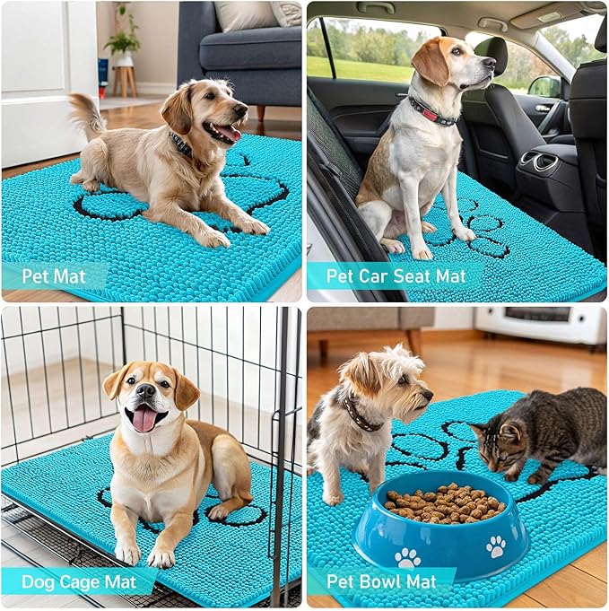 OLANLY Dog Door Mat for Muddy Paws 36x24, Paw Print Design, Absorbs Moisture and Dirt, Absorbent Non-Slip Washable Doormat, Quick Dry Chenille Mud Mat for Dogs, Entry Indoor Entryway Carpet, Aqua Blue