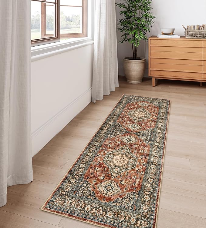 Lahome Oriental Kitchen Runner Rug Non Slip, 2x5 Washable Hallway Runner with Rubber Backing, Vintage Hallway Rug Ultra-Thin Soft Carpet for Bedroom Bathroom Eleanor, Brick Red