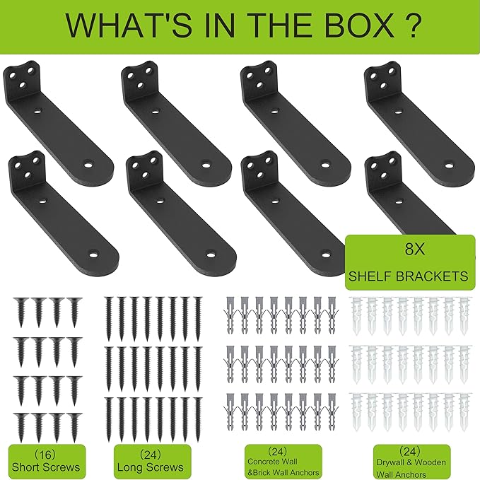 Floating Shelf Bracket, 8 Inch 8PACK Black Heavy Duty Shelf Bracket,Hidden Shelf Brackets 1/5 in Thick,L Brackets Support for Shelves,Suitable for Kitchen, Study Or DIY,Holds Over 160lb+