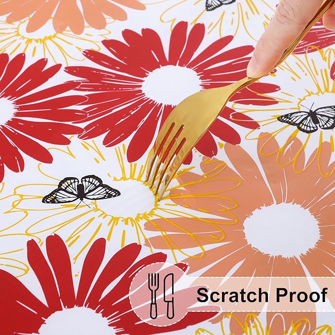 misaya Rectangle Vinyl Tablecloth, Fitted Table Cover, 100% Waterproof, Elastic Edge, Flannel Backing, Table Cloth Fit 8 Foot Folding Tables for Picnic, Outdoor (Red Daisy, 30x96 inch)