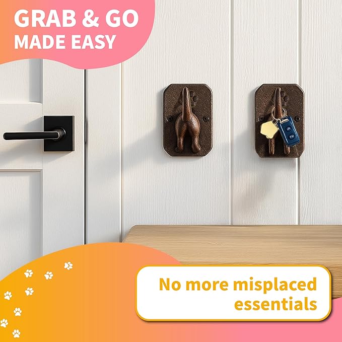 2 Pack Cast Iron Dog Leash Holder for Wall - Dog Butt Hooks Organizer - Heavy Duty Wall Hooks For Keys, Coat, Harness, Hat, Bag, Towel - Rustic Decorative Pet Leash Hook - Gifts for Pet Lovers