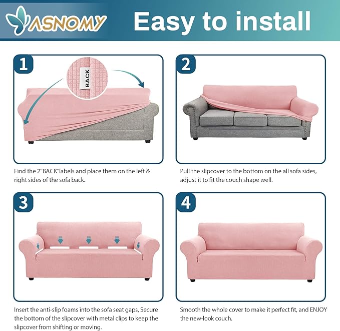 Asnomy Sofa Covers for 2 Cushion Couch Stretch loveseat Covers Slipcovers, Pet Protector Furniture Covers for Dogs Cats Spandex Jacquard Fabric Small Checks （Medium，Pink）
