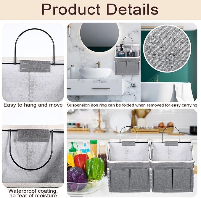 3pcs Wall Hanging Organizer Bag, Linen Fabric Door Hanging Storage Basket with Pockets, Waterproof Bin for Kitchen Bedroom Bathroom Office RV Camper, Gray