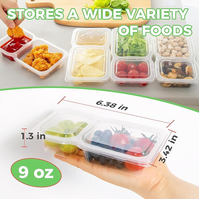 MACTANO 9 OZ Reusable Snack Containers with Lids, New Double Compartment Condiment Snack Pack Containers 40 Sets
