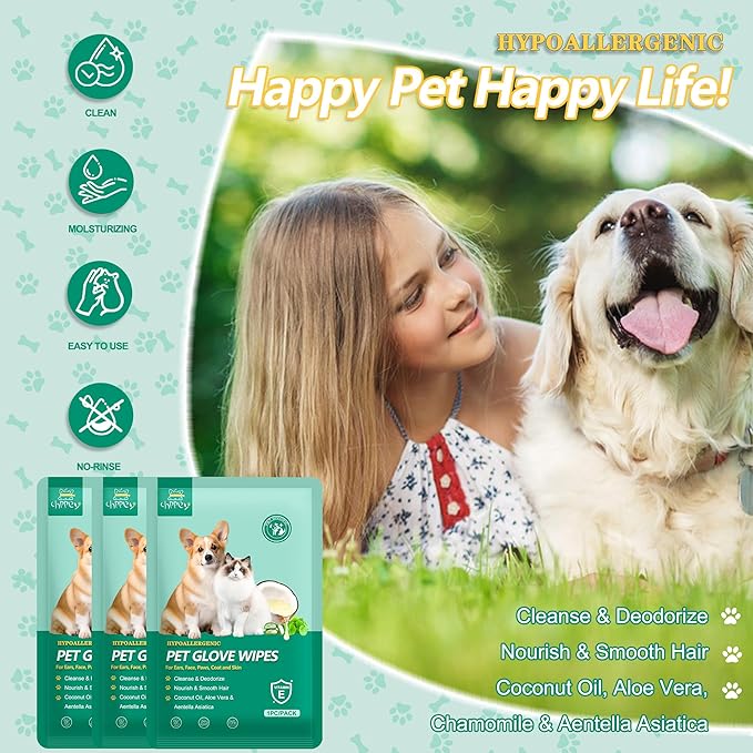 CHPPEY 20 PCS Pet Cleaning and Deodorizing Bathing Grooming Glove Wipes for Dogs and Cats, Extra Thick Nourish Fur No-Rinse Grooming Wipes for Daily Care and Travel, Hypoallergenic