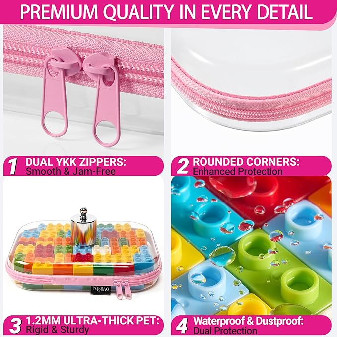 YQBRAO 3-Pack Large Clear Hard Shell Zipper Case, 1.2mm Ultra-Thick Rigid Toy & Closet Organizer, Heavy-Duty Diaper Bag Pouch Set with YKK Zippers, Waterproof Travel Storage (Pink)