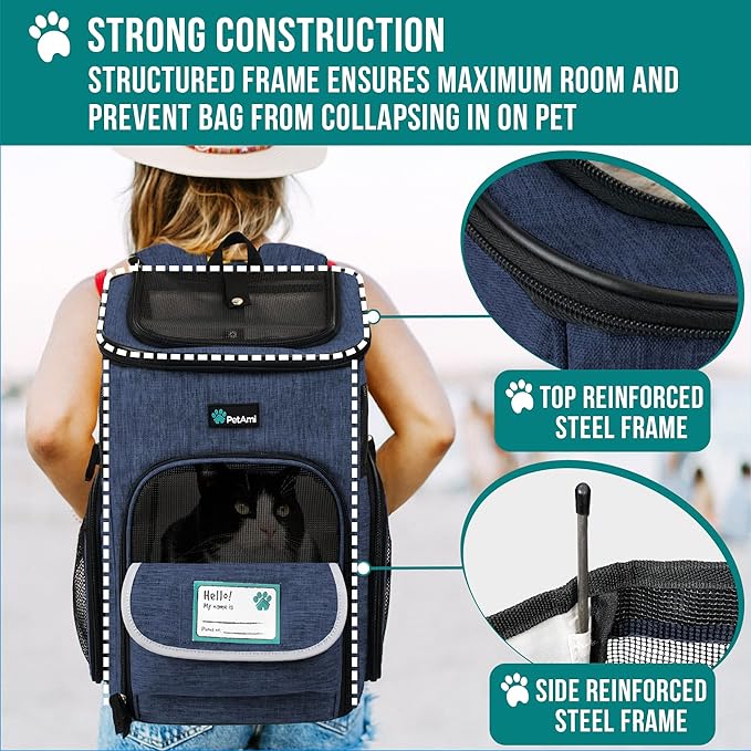 PetAmi Dog Backpack Carrier, Airline Approved 4-Way Entry Cat Backpack Carrier, Ventilated Mesh, Collapsible Pet Carrier for Small Puppy, Kitten, Hiking, Travel Car, Vet, up to 18 lbs, Navy Blue