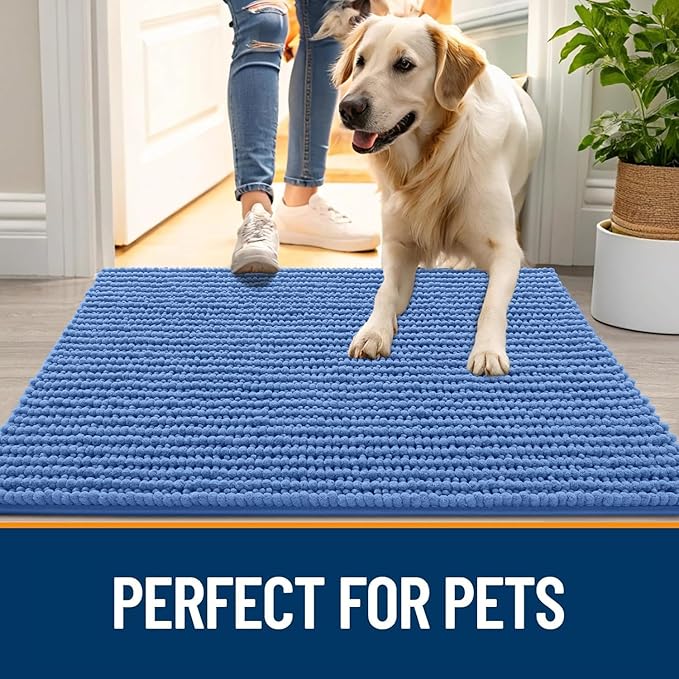 OLANLY Dog Door Mat for Muddy Paws 59x24, Ultra Absorbent Chenille Mud Doormat, Non-Slip Washable and Dirt Trapping Doormat for Indoor Entryway, Quick-Dry Indoor Pet Bed Mats for Dogs, Cornflower Blue