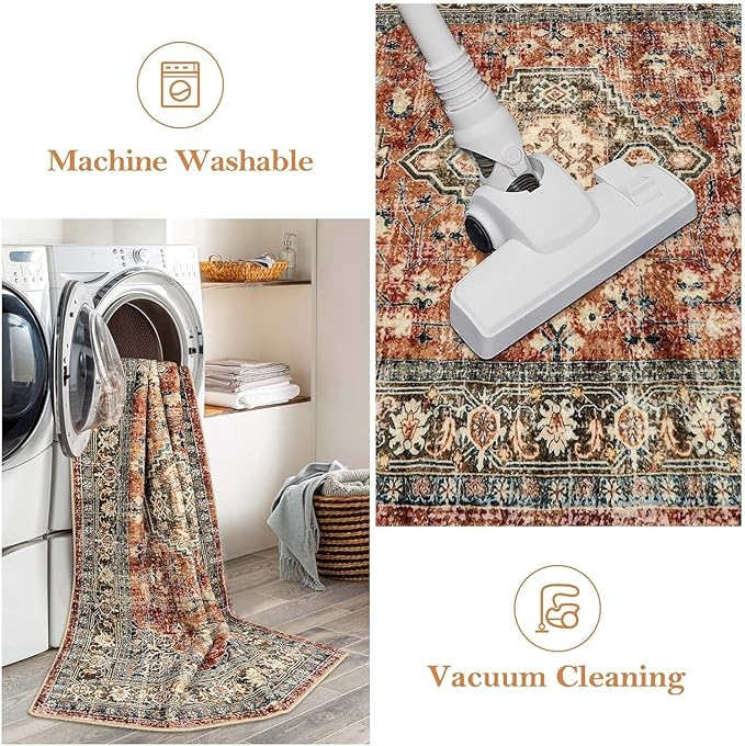 Lahome Oriental Kitchen Runner Rug Non Slip, 2x5 Washable Hallway Runner with Rubber Backing, Vintage Hallway Rug Ultra-Thin Soft Carpet for Bedroom Bathroom Eleanor, Brick Red