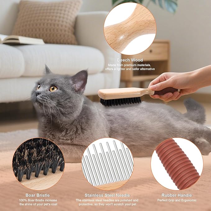 GROOMAGE 2 in 1 Pin and Boar Bristle Brush for Dogs & Cats, Shedding Grooming Dog Brush for Short Haired Dogs, Cats, Pets with Beech Wood Rubber Handle