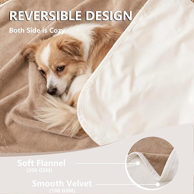 Waterproof Dog Blanket for Couch, Reversible Pet Throw Blankets Leak Proof Sofa Bed Protector for Furniture Machine Washable-52x82,Khaki+Beige