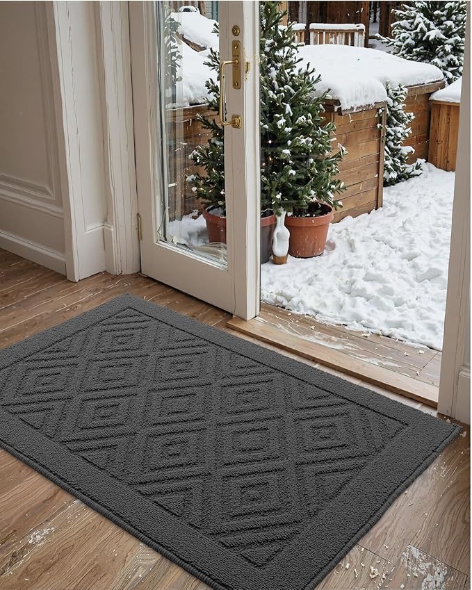 DEXI Front Door Mat for Entryway, 32x48 Washable Entry Rugs with Non Slip Backing, Low Profile Absorbent Welcome Floor Doormat for Inside Home, Entrance, Dark Grey