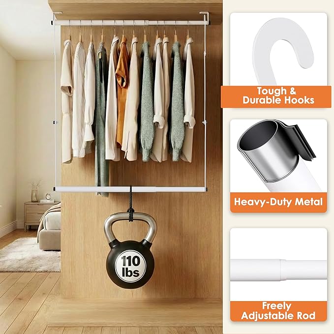 2 Pack Stepless Extender Closet Hanging Rod - Heavy Duty Closet Rods for Hanging Clothes, Adjustable Width & Height, Space-Saving White Closet Organizer for Hanging & Drying, Easy to Install