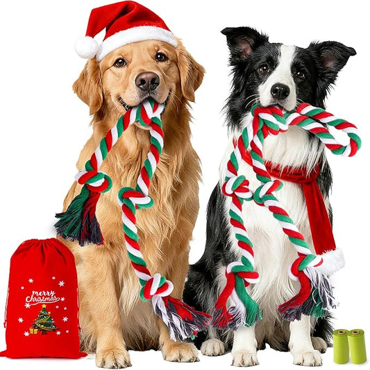 Tough Christmas Dog Rope Toys for Aggressive Chewers- Tough Tug of War & Chew Toys for Large, Medium & Small Dogs, 5 Pack Including 2 Ropes & 3 Supplies