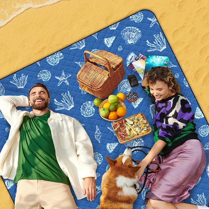 Waterproof Picnic Outdoor Blanket, 79" x 59" Sandproof Foldable Large Picnic Blanket for Beach, Camping, Park, Travel, Concert, Great Gift for Families and Couples (Blue Sea Shells)