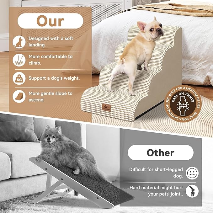 Zerbuger Dog Ramp and Stair for Bed 16" H-20 H,3-Step Cat Stair for Sofa and Chair,4-Step Dog Ramp for High Bed and Window,Durable Nonslip Fabric Cover for Indoor (Beige-20 H, Pet Friendly, 4)