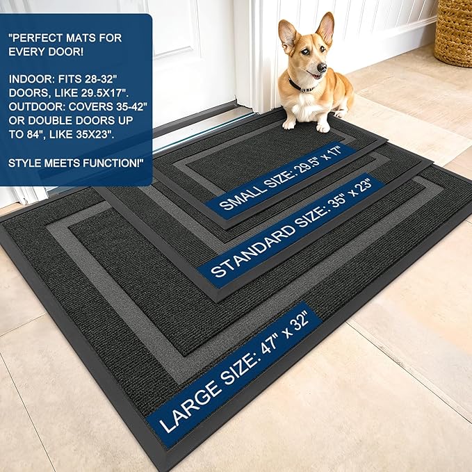 OLANLY Front Door Mat Indoor Outdoor Entrance, Waterproof All-Season, All-Weather Doormat, Sturdy Natural Rubber, Fade Resistant, Low Profile, Easy Clean Patio Porch Entryway Mat, 59x40, Black