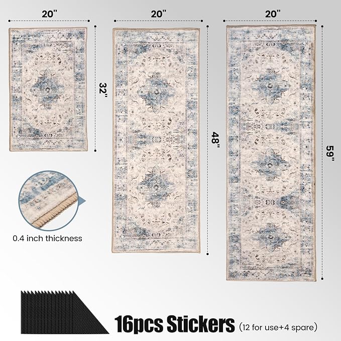 Kitchen Rug Set 3Pcs, Boho Rug Sets Non Slip Washable for Floor Thick Farmhouse Kitchen Decor Runner Rugs for Kitchen, Entryway，Laundry, Hallways 20''x32''+20''x48''+20''x59