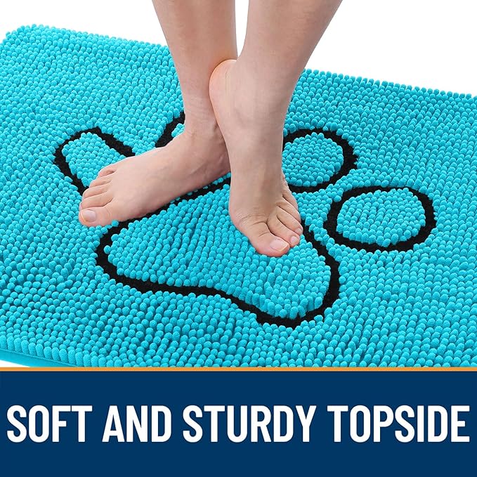 OLANLY Dog Door Mat for Muddy Paws 48x30, Paw Print Design, Absorbs Moisture and Dirt, Absorbent Non-Slip Washable Doormat, Quick Dry Chenille Mud Mat for Dogs, Entry Indoor Entryway Carpet, Aqua Blue