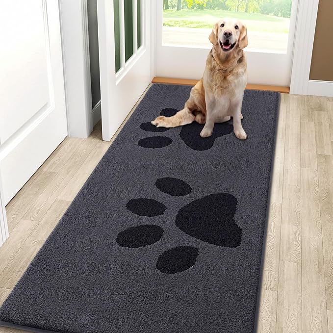Smiry Dog Door Mat for Muddy Paws, Absorbs Moisture and Dirt, Low-Profile Entryway Mat with Non-Slip Backing, Entry Indoor Outdoor Doormat for Inside Floor (59x24 Inches, Black, Paw)