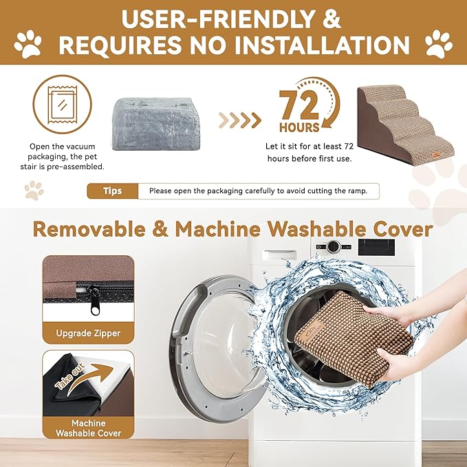 Zerbuger Dog Ramp and Stair for Bed 16" H-20 H,3-Step Cat Stair for Sofa and Chair,4-Step Dog Ramp for High Bed and Window,Durable Nonslip Fabric Cover for Indoor (Coffee-20 H, Pet Friendly, 4)