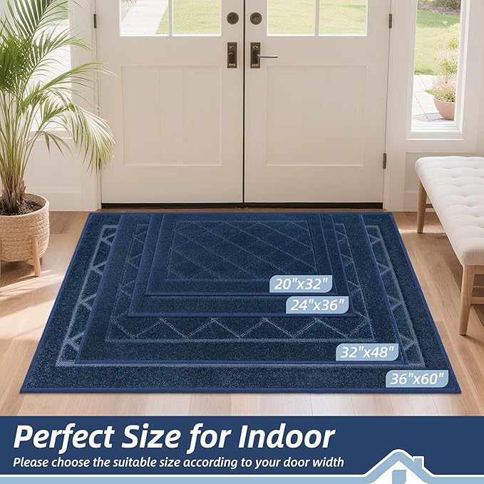 BEQHAUSE Dirt Trapper Door Mat 24" x 36", Doormat Non-Slip Entryway Rugs Washable, Dog Door Mat Stain Resistant and Absorbent Welcome Floor Mat for Front Back Door, Mud Wet Shoes & Paws, Navy Blue