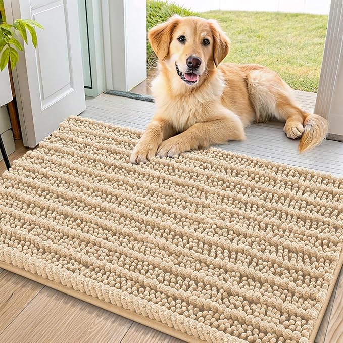 Smiry Dog Door Mat for Muddy Paws 36x24, Extra Soft Absorbent Chenille Doormat, Trap Moisture and Dirt, Non-Slip Machine Washable Front Door Mat for Indoor Entrance Inside Floor, Beige