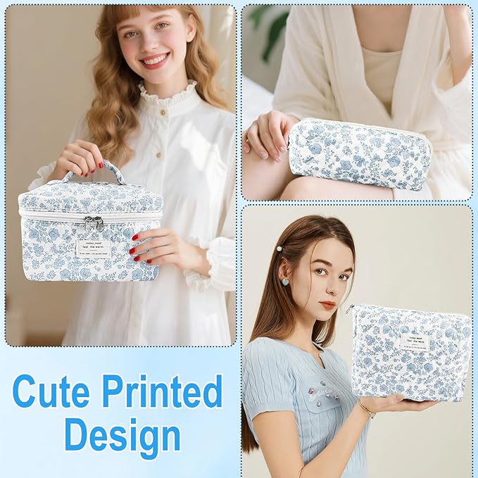 3Pcs Makeup Bag Quilted Cosmetic Bag Set Bow Travel Large Makeup Pouch for Women Cute Portable Cotton Toiletry Bag Skincare Organizer Coquette Vintage Travel Essential
