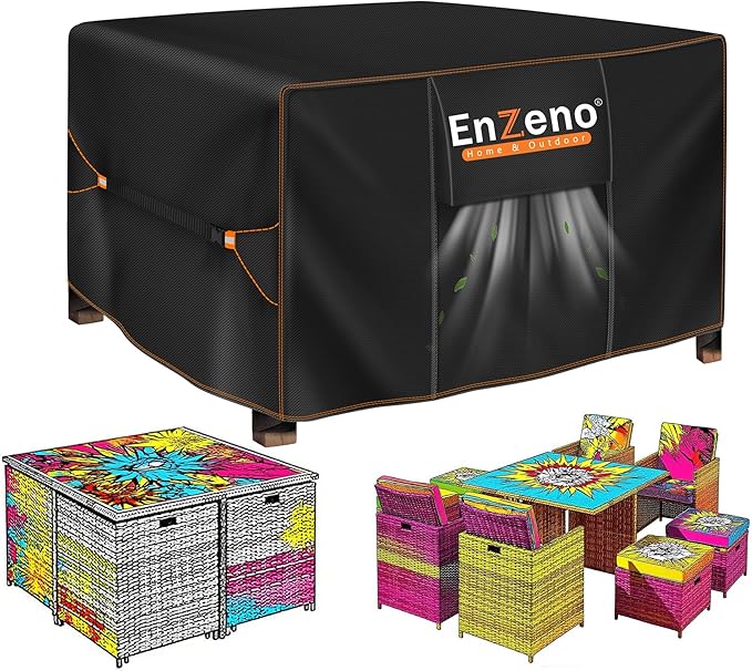 Enzeno Patio Furniture Set Cover Waterproof, Square Outdoor Table and Chair Set Covers, Heavy Duty Outside Weatherproof Garden Rattan Set Covers for Protection 60" L x 60" W x 28" H Black