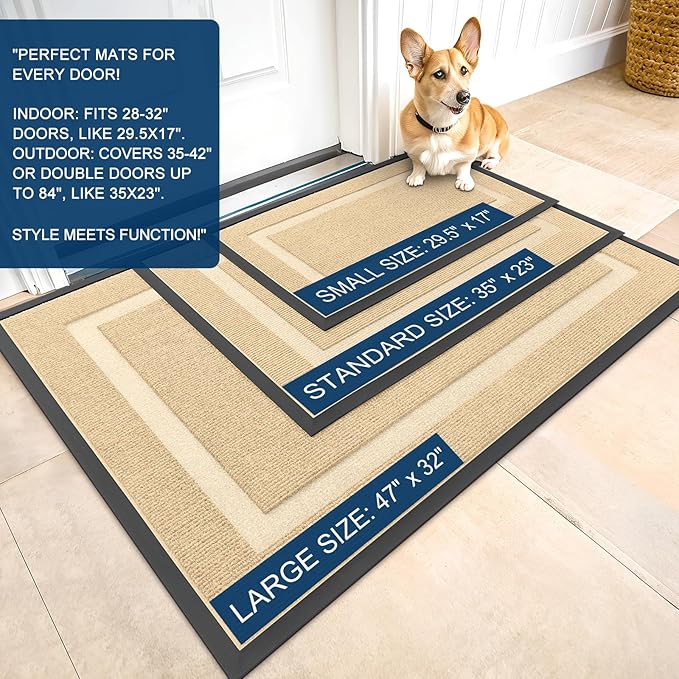 OLANLY Front Door Mat Indoor Outdoor Entrance, Waterproof All-Season, All-Weather Doormat, Sturdy Natural Rubber, Fade Resistant, Low Profile, Easy Clean Patio Porch Entryway Mat, 35x23, Beige