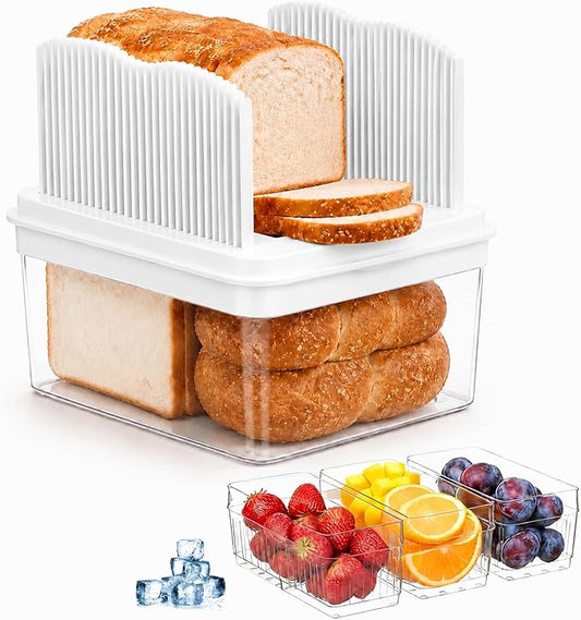 Bread Box with Slicer & Ice Chilled Condiment Caddy, Portable Airtight Bread Storage Container with Lid Handle for Kitchen Counter, Bread Keeper for Homemade Bread,Toast, Bagel, Cookies, White