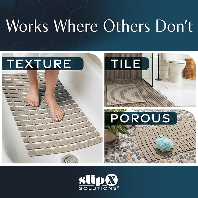 SlipX Solutions Weighted Non Slip Bath Mat for Textured Tub & Shower Surfaces, Patent Pending, Anti Slip Bathtub Safety Without Suction Cups, Doesn’t Float, Works on Tile & Stone 31” x 15”, Tan