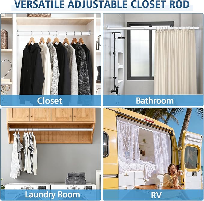 Oval Closet Rod for Hanging Clothes, 90 Lbs Heavy Duty, 17-31 Inch No-Cut Stepless Adjustable, Metal Hanging Rod for Wardrobe, Laundry Room, Closet (Chrome)