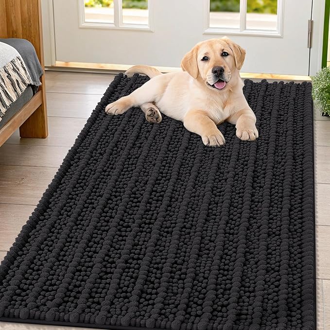 Smiry Dog Door Mat for Muddy Paws 47x32, Extra Soft Absorbent Chenille Doormat, Trap Moisture and Dirt, Non-Slip Machine Washable Front Door Mat for Indoor Entrance Inside Floor, Black