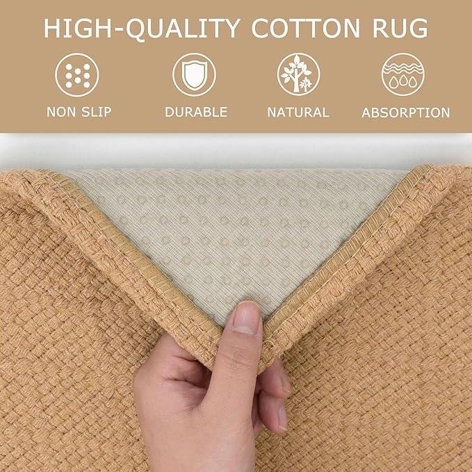 KOZYFLY Washable Entryway Rug 3x5 Ft Area Rugs Cotton Rubber Backed Throw Rugs Indoor Door Mat Floor Carpet for Front Entrance Bathroom Kitchen Living Room Kitchen Rugs Braided, Warm Tan