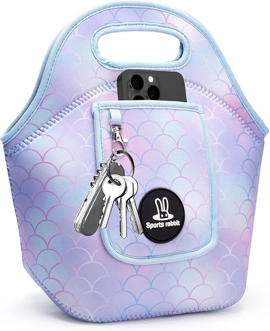 Sports rabbit Neoprene Insulated Lunch Bag for Women - Front Pocket for Phone&Keys - Reusable, Foldable, Lightweight, Waterproof, Easy to Store & Clean - Ideal for Work, Travel & Picnics (mermaid)