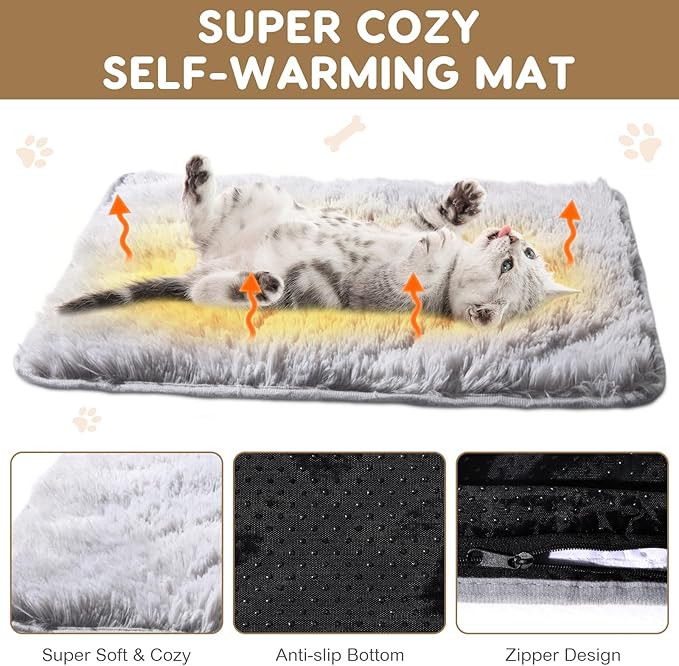 4 Pack Self Warming Cat Pad Self Heating Cat Mat Thick Faux Fur Plush Pet Bed Thermal Washable Dog Mat Anti Slip Bottom for Outdoor Indoor Pets(Grey,16" X 20")