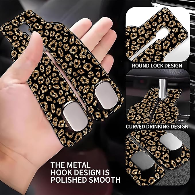 AEWNUNK Car Headrest Purse Hanger Abstract Gold Glitter Leopard 1 Pack Bag Purse Holder for Car Premium Leather Double Metal Hook for Handbags, Grocery Bags and Phones