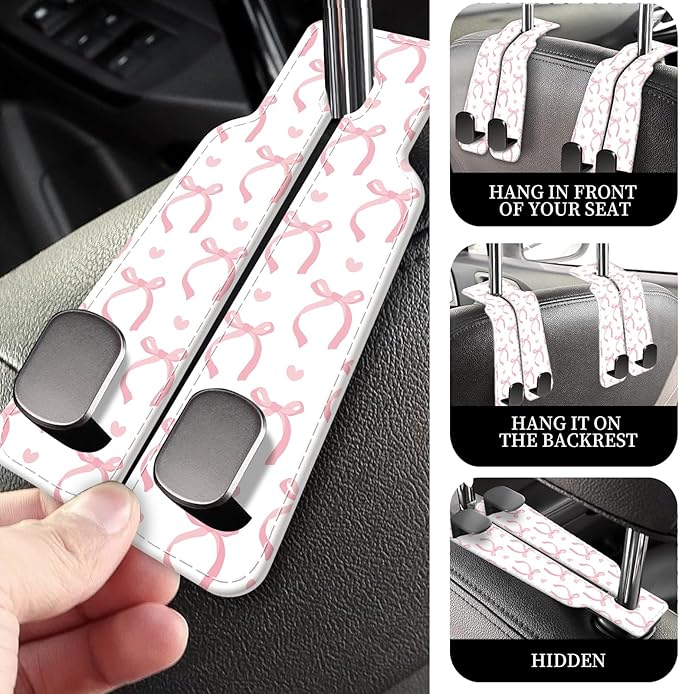 PU Leather Car Seat Hook, Storage Headrest Hanger, Cute Car Backseat Organizer, Car Hooks For Purses and Bags Cute Pink Bow