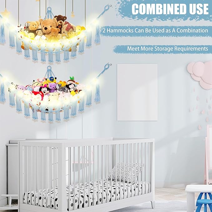 CERETIA Stuffed Animal Hammock with LED Light, Large Stuffed Animals Storage Corner Plushie Net for Kids Room Decor, 2 Packs Baby Blue