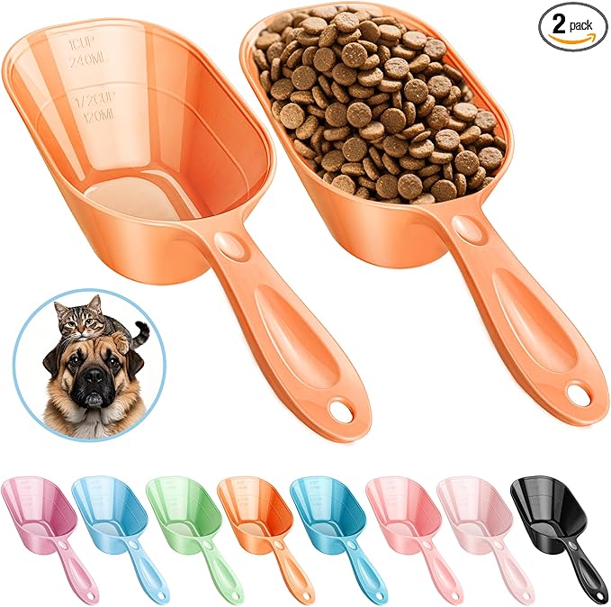 Fenenik Pet Food Scoop 2 Pack, Dog Cup Capacity Cat Food Scooper With Measuring Lines For Dog, Puppy and Cat Coffee Bean, Flour Scoop Orange