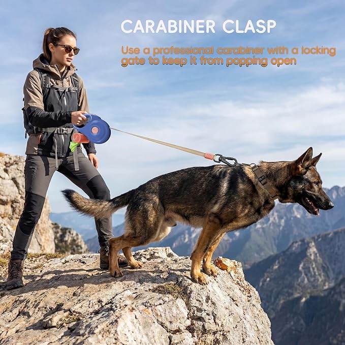 Retractable Dog Leash 16FT for Small & Medium Dogs, Sturdy Heavy-Duty Nylon Tape with Secure Locking Carabiner & Poop Bag Holder, Smooth One-Hand Control, Anti-Slip Handle, Tangle-Free Design (Blue)