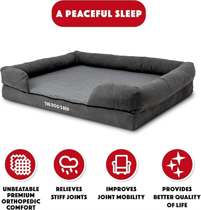 The Dog’s Bed, XL Grey Plush, Solid Memory Foam, Pain Relief: Arthritis, Hip & Elbow Dysplasia, Post Surgery, Lameness, Supportive, Calming, Waterproof Washable Cover