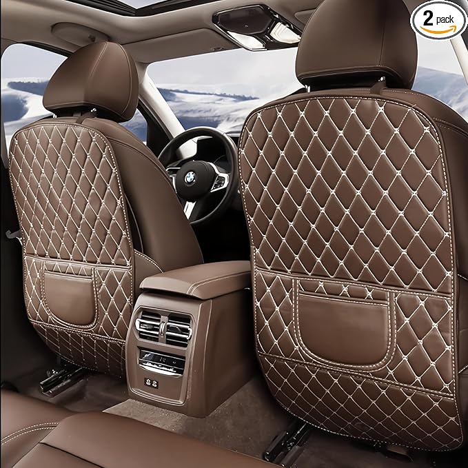 Leatherette Car Seat Protector - 2 Pack Large Car Kick Mats with Storage Pockets Organizer Seat Back Cover Against Dirty Shoes & Scratches, Universal Fit for Most Vehicles, Coffee