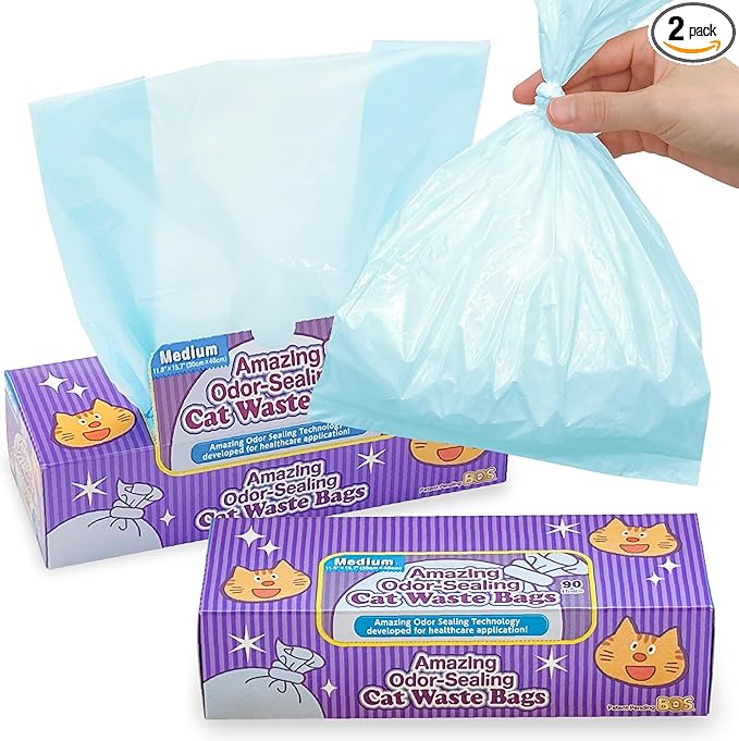 BOS Amazing Odor Sealing Cat Waste Disposal Bags - Durable and Unscented [Size: M, Color: Light blue] (90 Count, Pack of 2) (180 Bags)