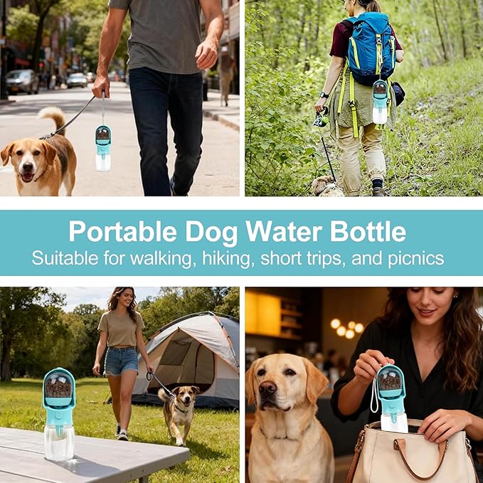 Dog Water Bottle with Food Container, Leak Proof Portable Pet Dispenser with Lock and Cleaning Brush,Dogs Stuff Water Bottle for Walking Hiking,Travel (Blue)