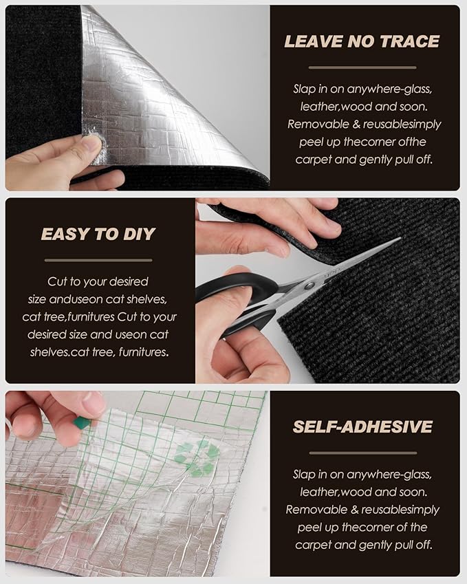 Cat Scratch Furniture Protector, Trimmable Self-Adhesive Carpet, DIY Climb Cat Scratcher Mat for Covering Cat Tower and Couch Protector from Cat Claws (78.7x15.8in Black)
